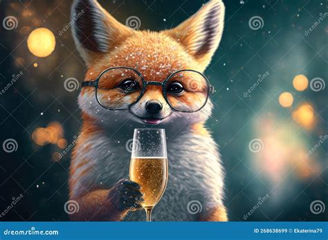 A Portrait Of A Cute Fox In Glasses Holding A Glass Of Champagne Created With Generative Ai