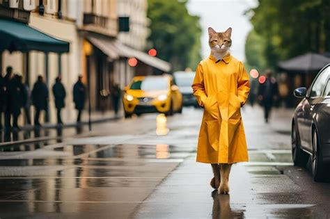 Premium AI Image | a cat in a raincoat with a yellow raincoat on the ...