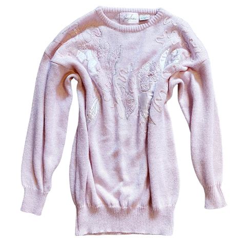 Vintage 80s Pastel Pink White Faux Pearls Sweater Depop