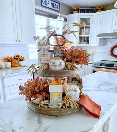 Dining Delight Tiered Tray Decorated For Canadian Thanksgiving