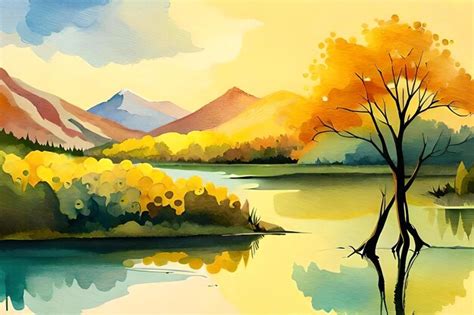 Uma pintura em aquarela de um lago uma árvore e montanhas ao fundo