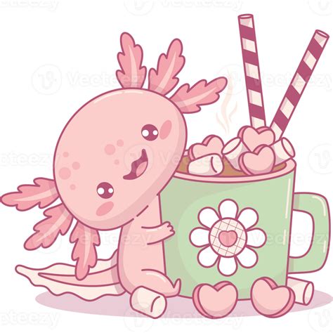 Cute Axolotl With Hot Cocoa With Marshmallows PNG