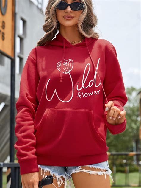 Red Casual Collar Long Sleeve Polyester Floralletter Pullovers