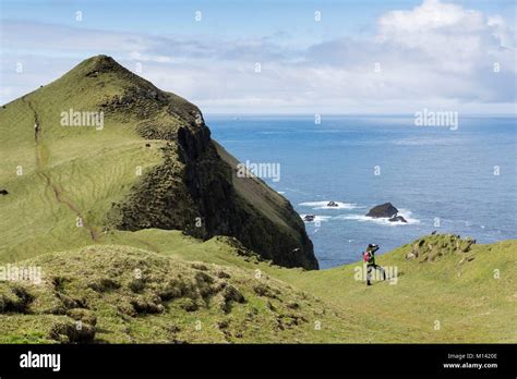 denmark faroe islands mykines island hiker stock photo alamy
