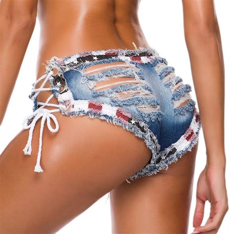 Women Summer Sexy Lace Up Ripped Shorts Jeans High Waist Hole Shorts