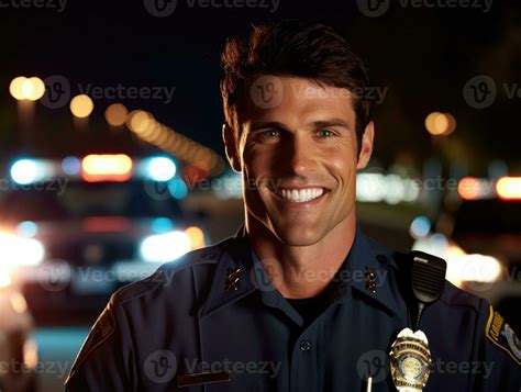 A Close Up Shot Of A Smiling Caucasian Male Police Officer Standing