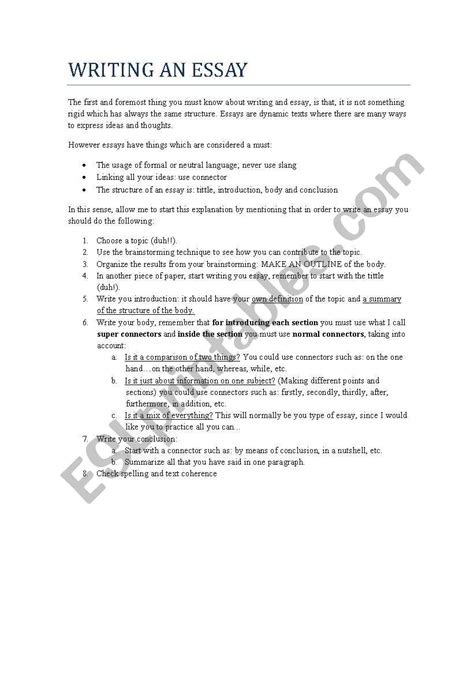 Writing An Essay Esl Worksheet By Miggyfresh