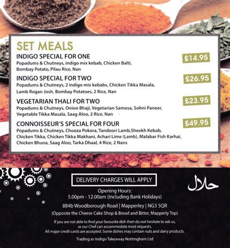 Menu For Indigo Indian Takeaway And Delivery In Mapperley Nottingham