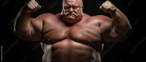 Studio Shot Portrait Of Plump Mature Adult Man Poses Topless Has Fat