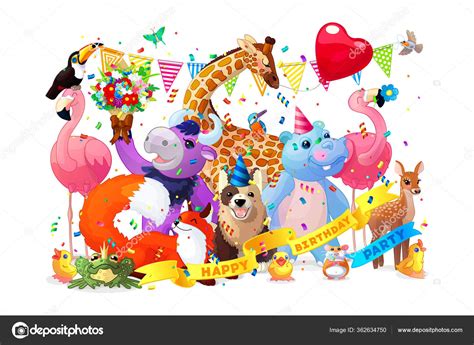 Vector Cartoon Animal Happy Birthday Party Clipart Stock Vector by ©Vetra_Kori 362634750