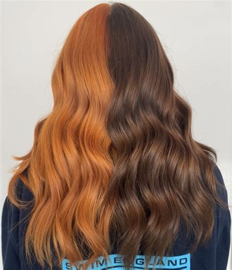 Split Dye Hair Ginger And Brunette Split Dyed Hair Ginger Hair Color