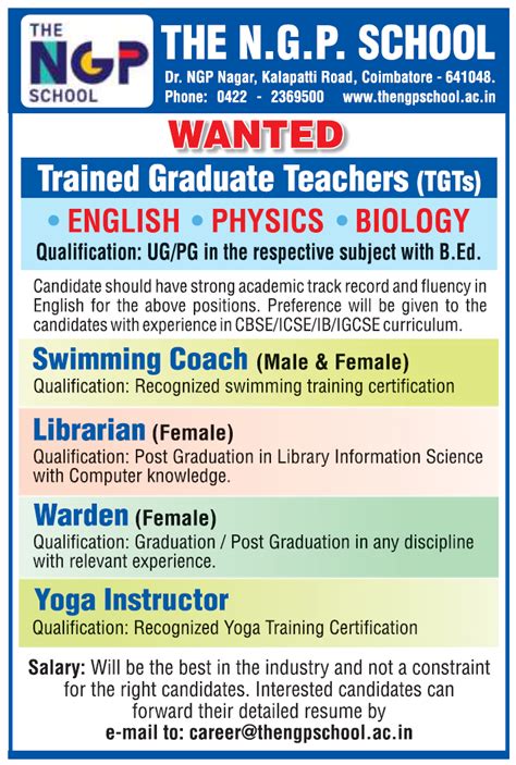 The Ngp School Coimbatore Recruitment Faculty Tgtnon Faculty Jobs