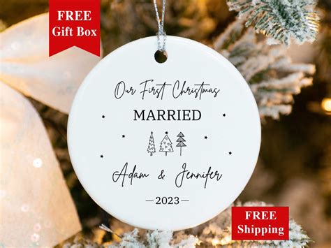 Custom Wedding Ornament 2023 Our First Christmas Married Ornament Personalized Porcelain