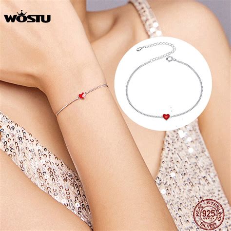 Wostu Heart Bracelet Sterling Silver Red Love Heart Chain