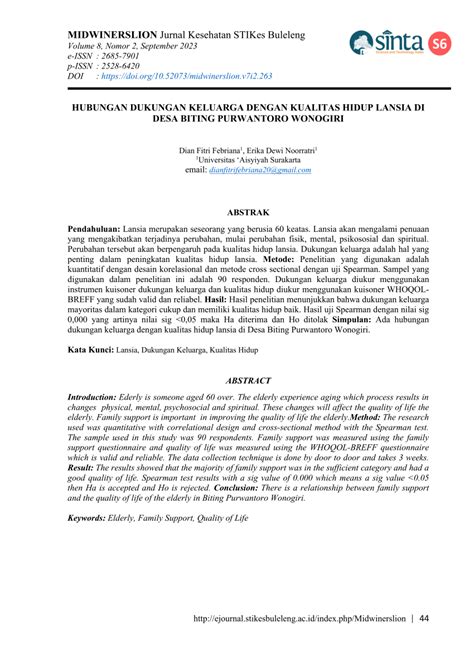 Pdf Hubungan Dukungan Keluarga Dengan Kualitas Hidup Lansia Di Desa