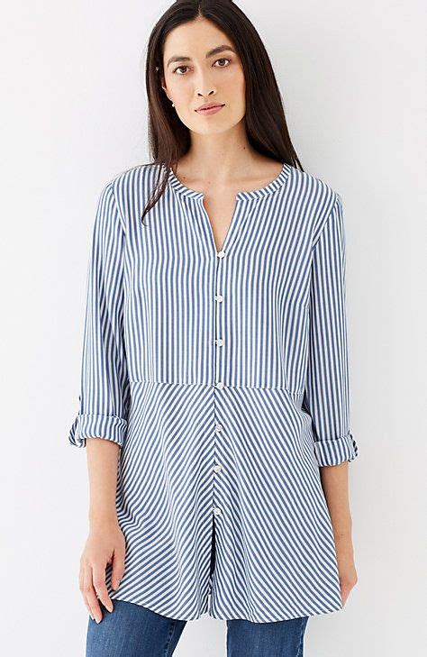 Long Sleeve Button Down Collarless Light Blue And White Striped Tunic