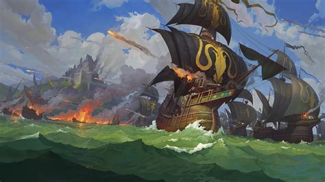 Digital Art Fantasy Art Water Sea Fleet Ship Battle Daylight Sailing A