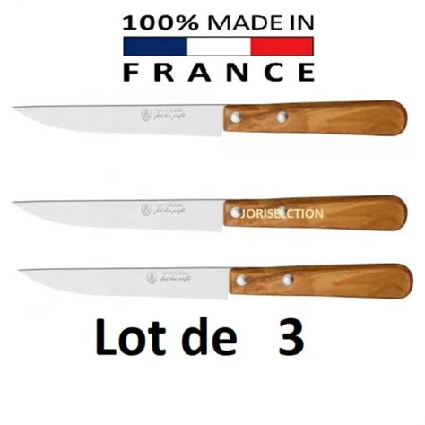 LOT DE 3 COUTEAUX STEAK LAME 10 CM EN INOX Manche Bois OLIVIER LA