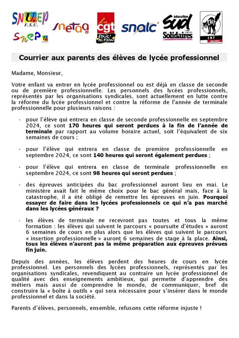 Courrier Aux Parents Des L Ves De Lyc E Professionnel Snuep Fsu La