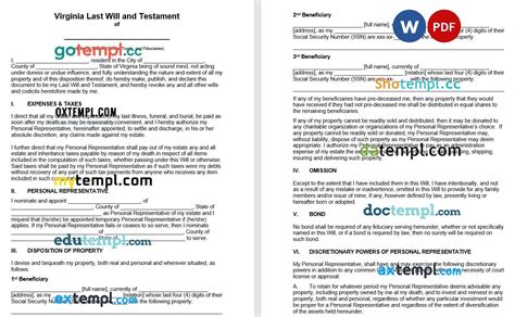 Virginia Last Will And Testament Example Completely Editable Mytempl