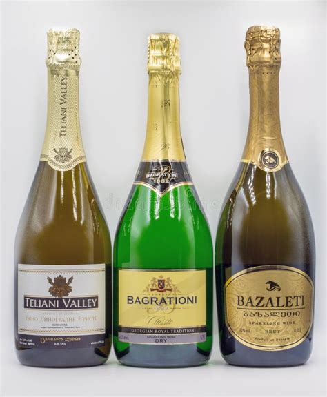 Set Of Georgian Classic Dry White Sparkling Wine Bottles Closeup