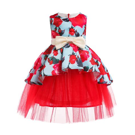 Girls Princess Dress Mesh Tutu With Bows Sleeveless Flower Printing