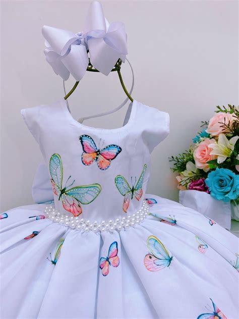 Vestido Infantil Branco Borboletas Damas Festas Luxo P Rolas