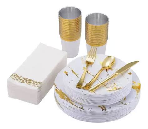 Vajilla Desechables Elegantes set Marmol Blanco dorado 175pz Envío gratis