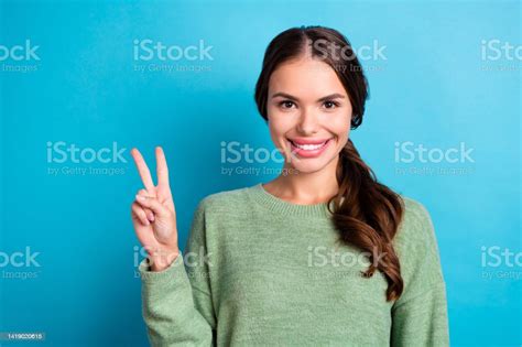 Photo Of Adorable Positive Lady Toothy Smile Hand Fingers Demonstrate