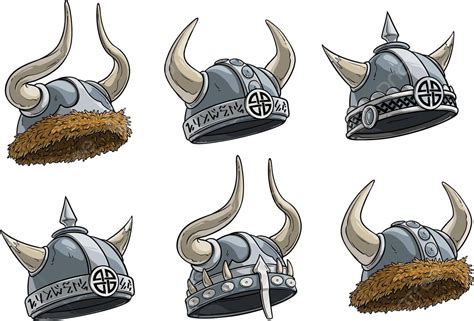 Set Of Vector Cartoons Featuring Metal Viking Helmets Adorned With