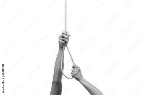 Bw Tone Of Hands Holding Rope Slipknot In Concept Suicide Isolat Stock