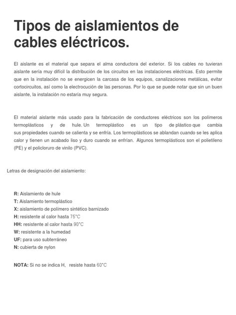 Tipos De Aislamiento Conductores Electricos Pdf Pdf Aislador Electricidad Termoplástico