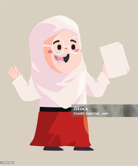 Anakanak Perempuan Siswa Sd Mengenakan Jilbab Sambil Memegang Kertas Ilustrasi Stok Unduh