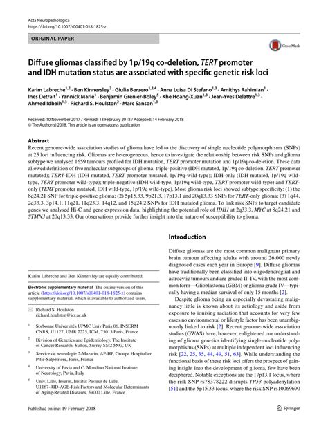 Pdf Diffuse Gliomas Classified By 1p 19q Co Deletion Tert Promoter