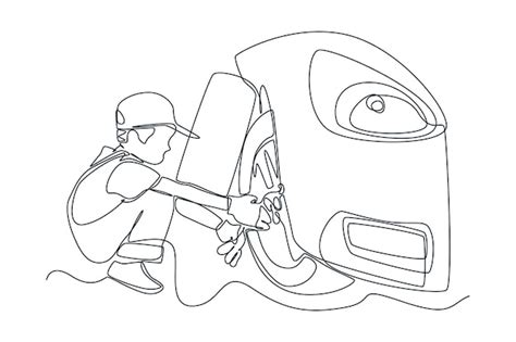 Premium Vector Single One Line Drawing Boy Mechanic Changing Car Tire
