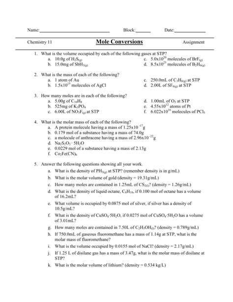 Mole Conversions Worksheet