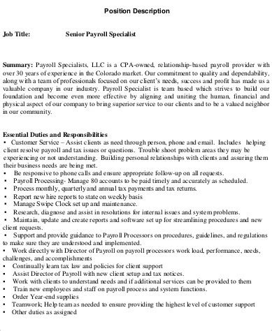 Free Payroll Specialist Job Description Samples In Ms Word Pdf