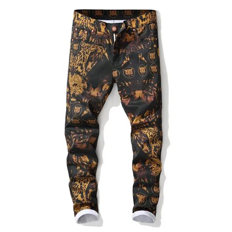 2019 New Mens Leopard Printed Elastic Jeans Black Slim Fit Skinny Night