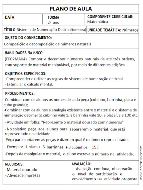 Planos De Aula De Matem Tica Sistema De Numera O Decimal Para E