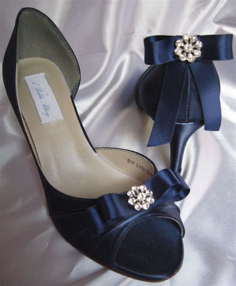 Dark Navy Blue Bridal Shoes Adorned With A Matching Satin Ribbon And