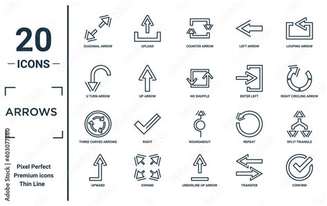 Arrows Linear Icon Set Includes Thin Line Diagonal Arrow U Turn Arrow