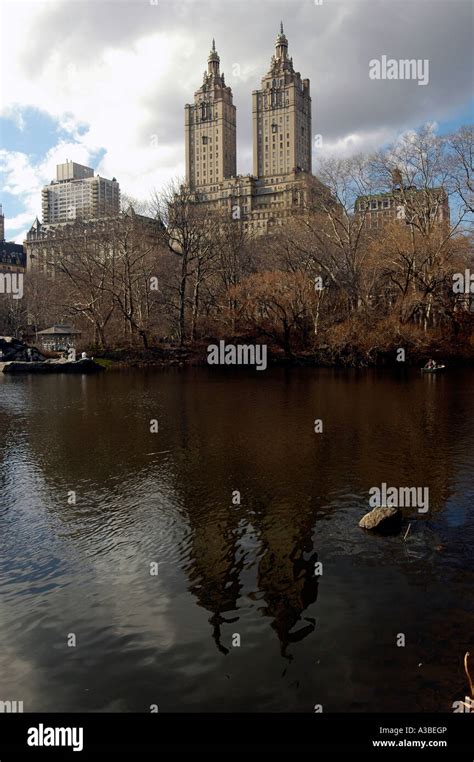 Central Park Lake and Central Park West skyline Stock Photo - Alamy