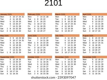 Calendar Year 2101 English Language Stock Vector (Royalty Free ...