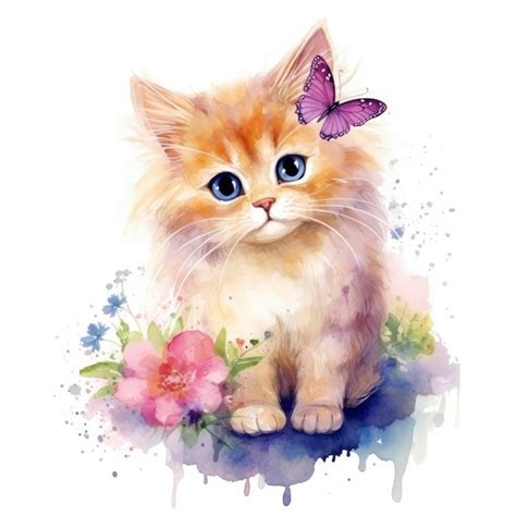 Premium Photo Fairytale Cat Watercolor Clip Art White Background