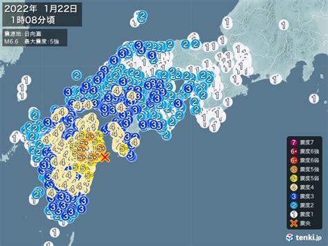 地震情報 2022年01月22日 01時08分頃発生 最大震度5強 震源地日向灘 日本気象協会 tenki jp