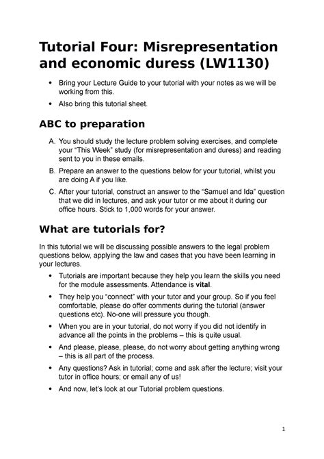 Contract Tutorial 4 Misrepresentation And Duress Tutorial Four