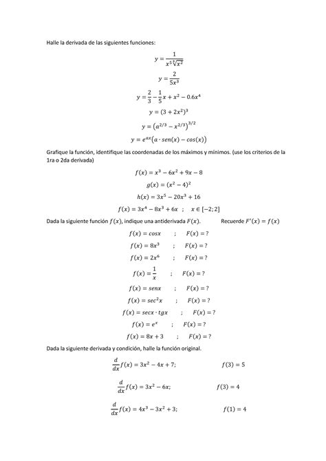 Integración Directa Derivadas Y Antiderivadas Halle La Derivada De Las Siguientes Funciones