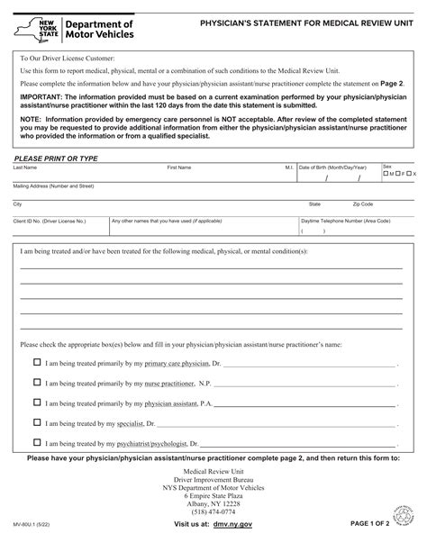 NYS DMV Form MV 80U 1 Physician S Statement For Medical Review Unit