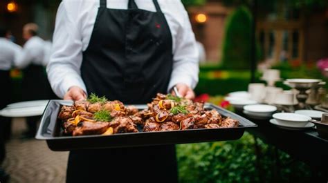 Premium Photo Catering Food In Restaurant The Waiter Holds A Tray