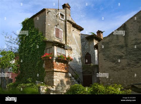 Historical Buildings And Cobbled Street Porec Istria Croatia Stock